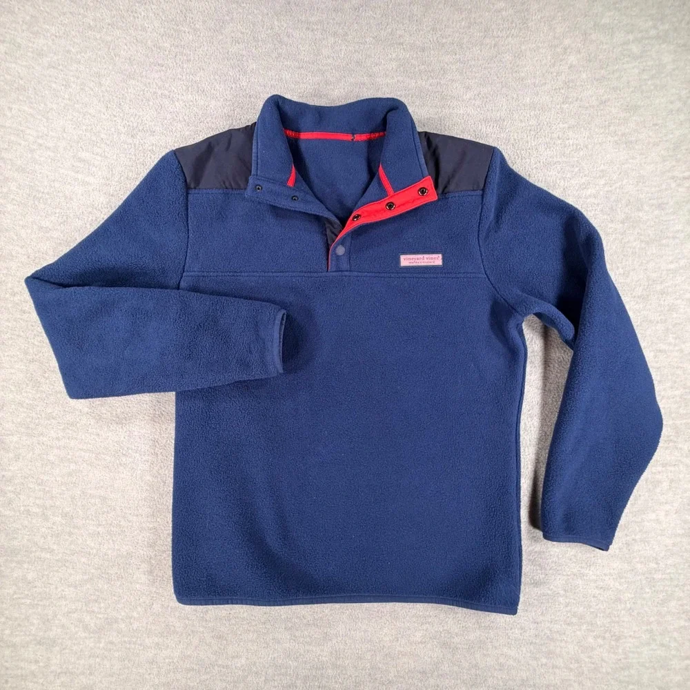 Vineyard Vines Fleece Pullover Mens S M Blue Red Snap Neck Mock Neck preppy teen